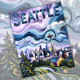 Seattle Skyline Van Gogh Style Vintage Travel Art Postcard