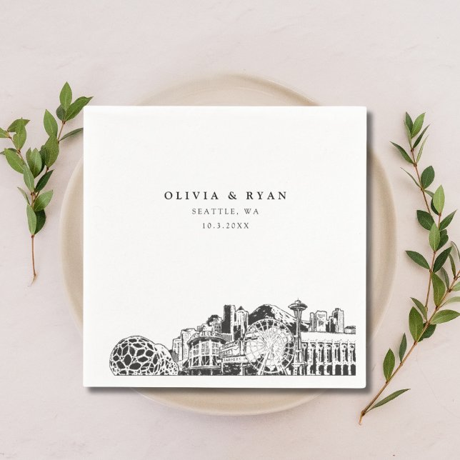 Seattle Skyline Wedding Paper Cocktail Napkin (Seattle party skyline napkin Seattle Wedding )