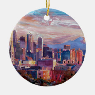 Seattle Skyline With Space Needle And Mt Rainier Ceramic Ornament