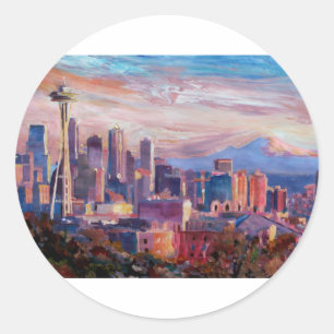 Seattle Skyline With Space Needle And Mt Rainier Classic Round Sticker