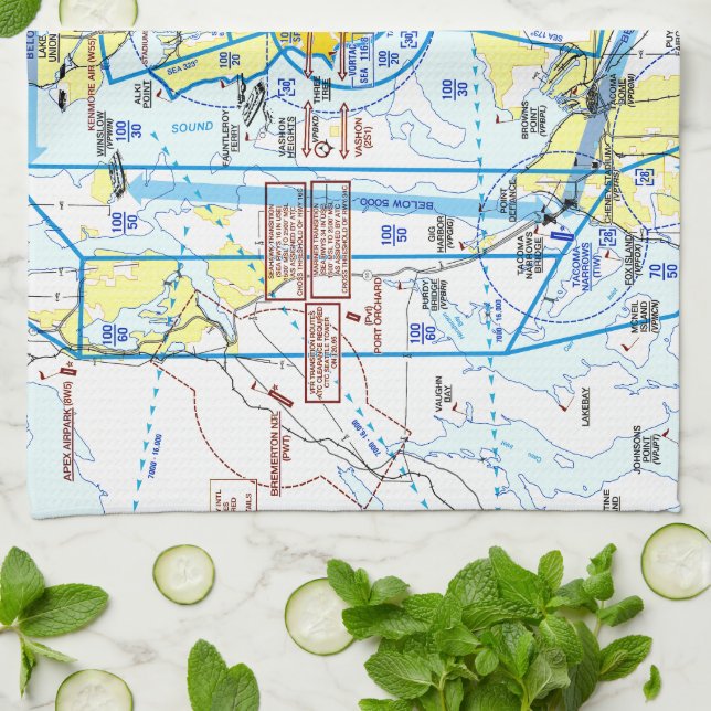 Seattle-Tacoma Airport Flyway Chart Tea Towel (Folded)