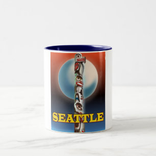 Seattle Totem pole travel poster print Two-Tone Coffee Mug