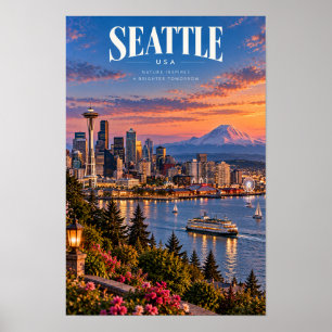 Seattle USA Space Needle and Mount Rainier Travel  Poster