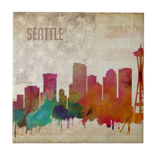 Seattle, WA Watercolor City Skyline Ceramic Tile