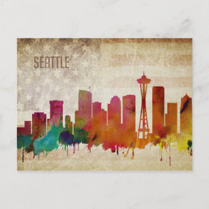Seattle, WA   Watercolor City Skyline Postcard