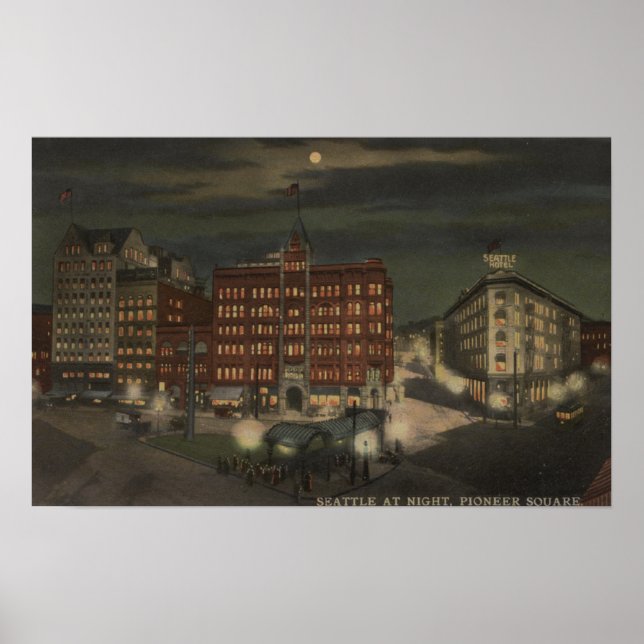 Seattle, WAPioneer Square at Night Poster (Front)