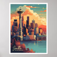 Seattle Washington Art Vintage Travel Illustration