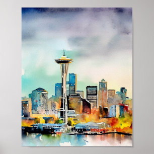 Seattle Washington City Skyline watercolor Poster