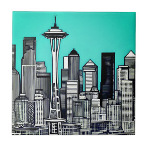 Seattle Washington Cityscape in Black and White Ceramic Tile