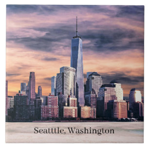 Seattle, Washington Cityscape, Labelled, Ceramic Tile
