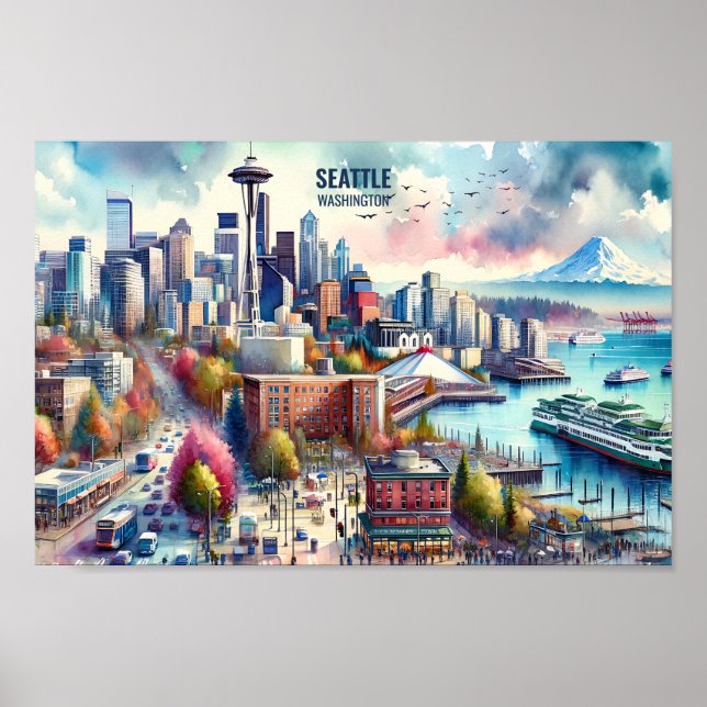 Seattle Washington Famous Travel Places watercolor Poster (Front)
