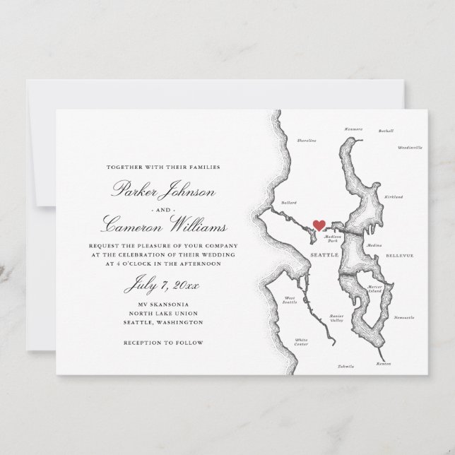 Seattle Washington Map Elegant Black White Wedding Invitation (Front)