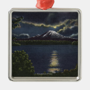 Seattle, Washington - Moonlit View of Mt. Metal Ornament