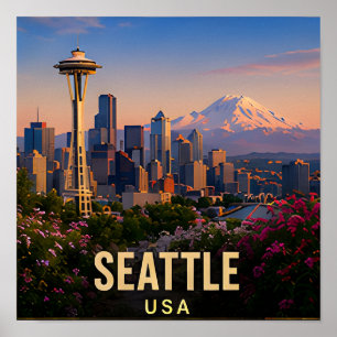 Seattle Washington Mountain Travel Gift Poster