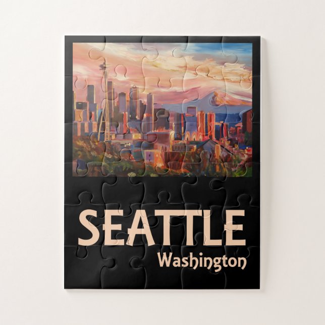 Seattle Washington Retro Travel Poster Jigsaw Puzzle (Vertical)