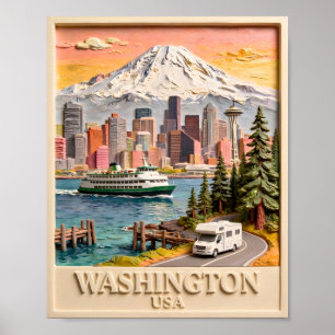 Seattle Washington Road Trip Textured City Skyline Poster