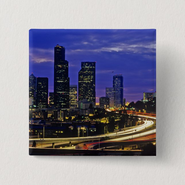 Seattle, Washington skyline at night 15 Cm Square Badge (Front)