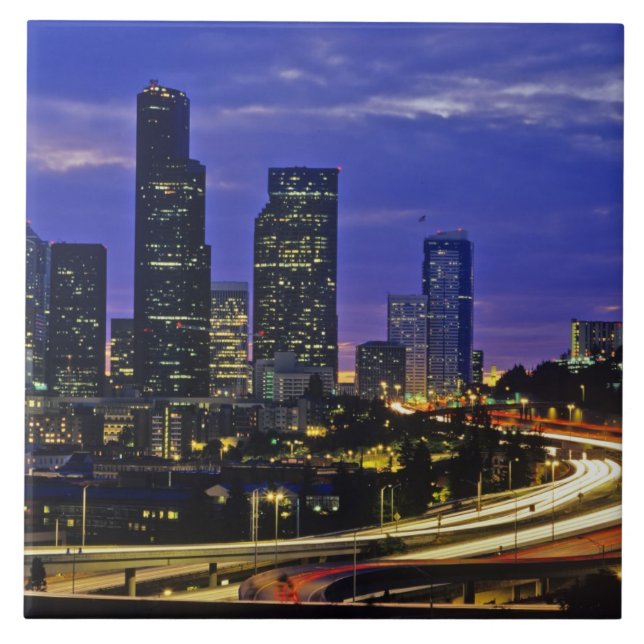 Seattle, Washington skyline at night Ceramic Tile (Front)