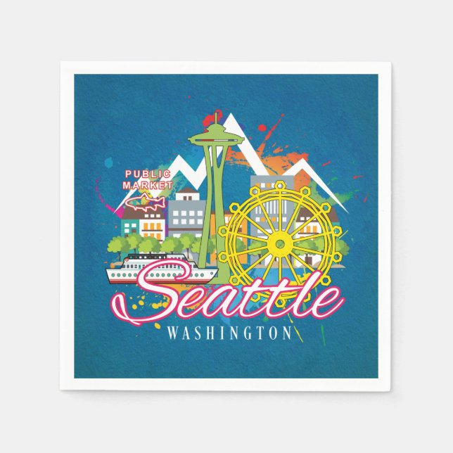 SEATTLE WASHINGTON SKYLINE CITYSCAPE DECOUPAGE NAPKIN (Front)