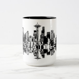Seattle, Washington skyline in black ink Two-Tone Coffee Mug