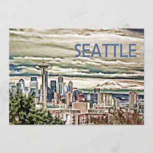 Seattle Washington Skyline in Fog and Rain Invitation