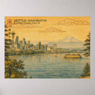 Seattle Washington Skyline in Japanese Ukiyo-e Poster