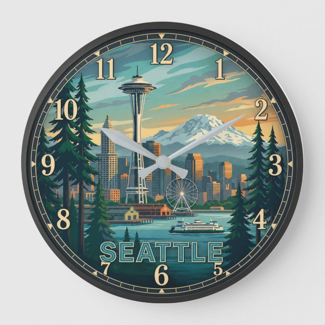 Seattle Washington Space Needle and Mount Rainier Large Clock (Front)