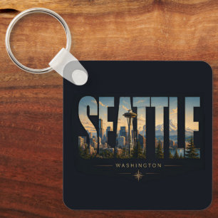 Seattle Washington Space Needle Mountain Skyline Key Ring