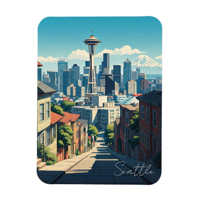 Seattle Washington Space Needle Mt Rainier Magnet (Vertical)
