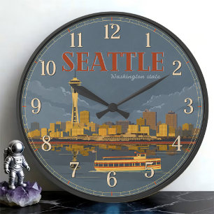 Seattle Washington Space Needle Skyline Vintage Large Clock