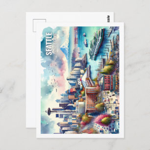 Seattle Washington USA Famous Place watercolor Postcard
