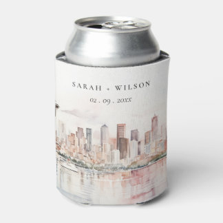 Seattle, Washington Watercolor Landscape Wedding Can Cooler