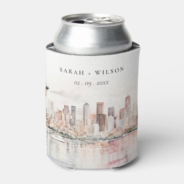 Seattle, Washington Watercolor Landscape Wedding Can Cooler (Can Front)