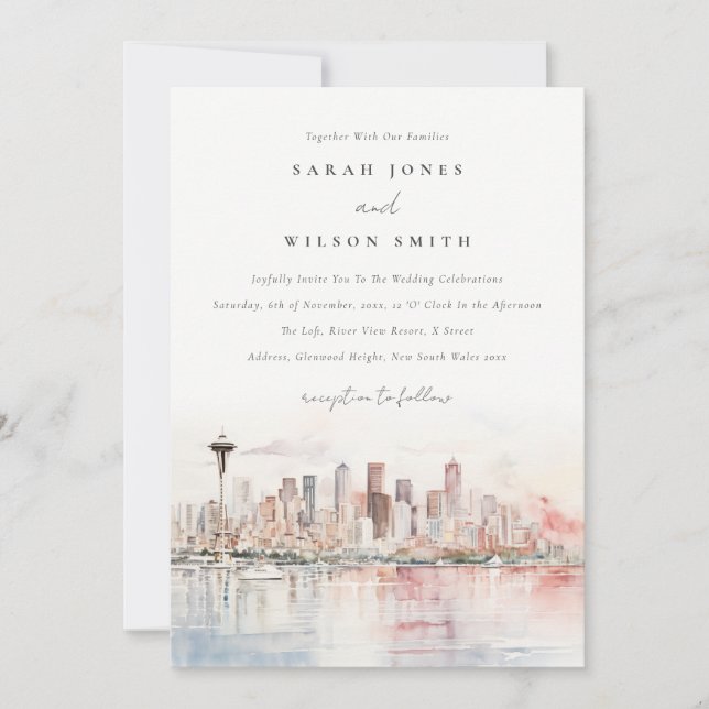 Seattle, Washington Watercolor Landscape Wedding Invitation (Front)