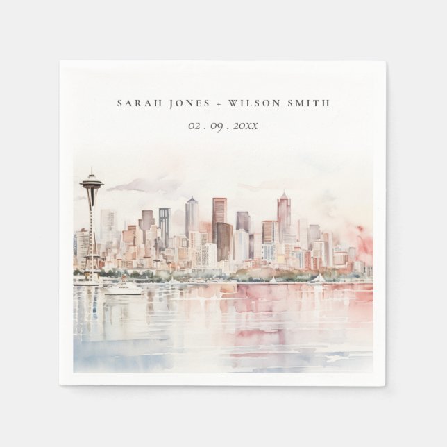 Seattle, Washington Watercolor Landscape Wedding Napkin (Front)