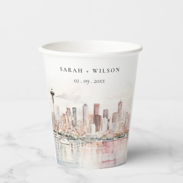 Seattle, Washington Watercolor Landscape Wedding Paper Cups (Front)