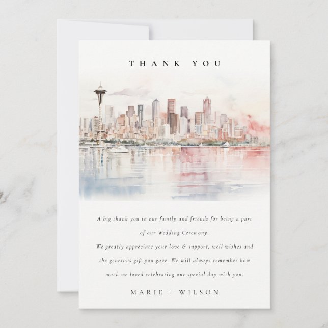Seattle, Washington Watercolor Landscape Wedding Thank You Card (Front)