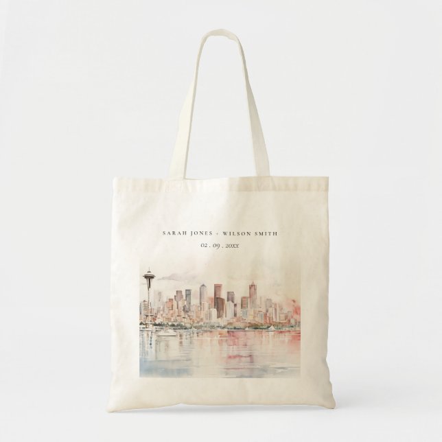 Seattle, Washington Watercolor Landscape Wedding Tote Bag (Front)