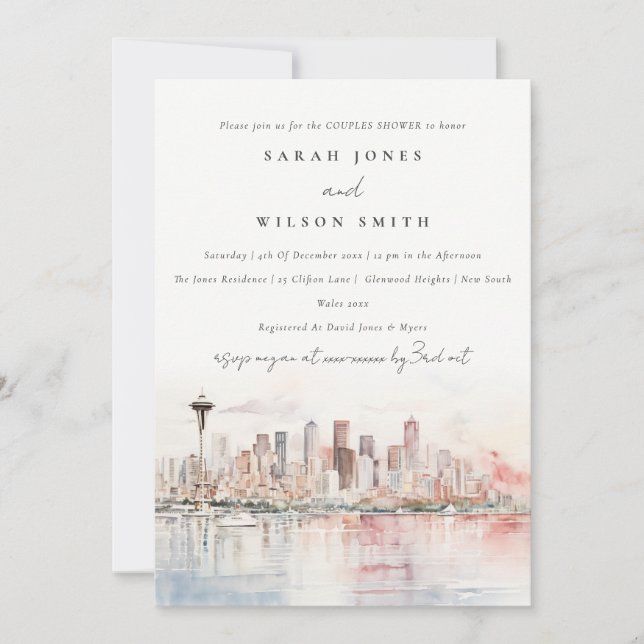 Seattle Washington Watercolor Scape Couples Shower Invitation (Front)