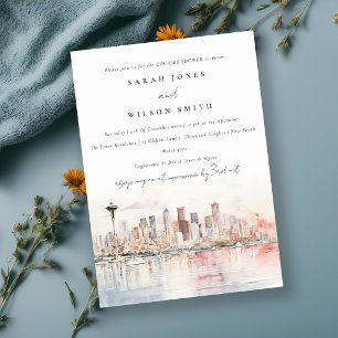 Seattle Washington Watercolor Scape Couples Shower Invitation