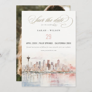 Seattle Washington Watercolor Scape Wedding Photo Save The Date