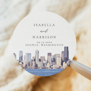 Seattle Washington Watercolor Skyline Destination Classic Round Sticker