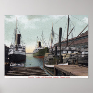 Seattle, WashingtonView of the Dock and Ships Poster