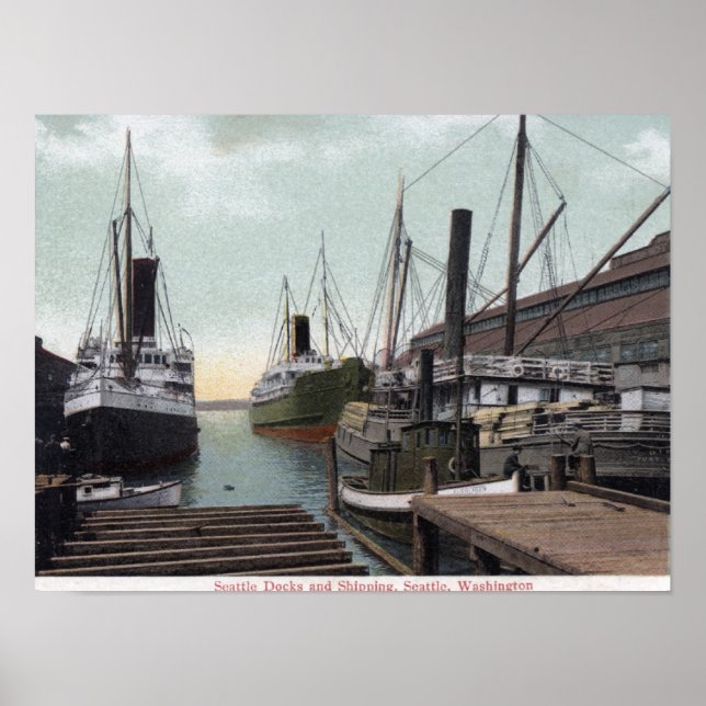 Seattle, WashingtonView of the Dock and Ships Poster (Front)
