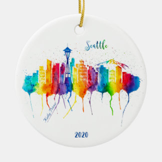 Seattle watercolor Christmas ornament