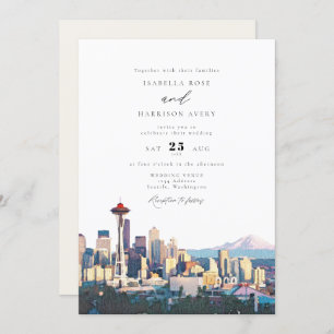 SEATTLE Watercolor Skyline Destination Wedding Invitation