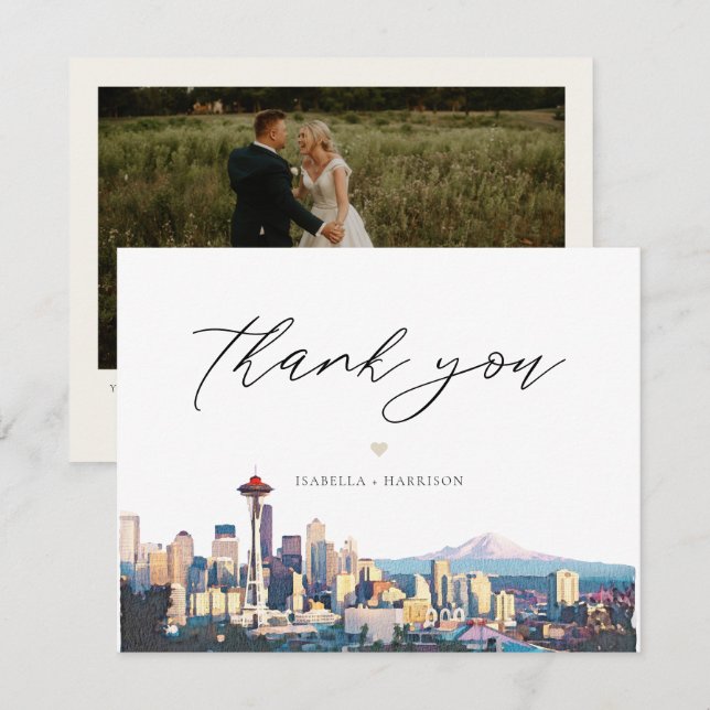 SEATTLE Watercolor Skyline Photo Thank You Card (Front/Back)