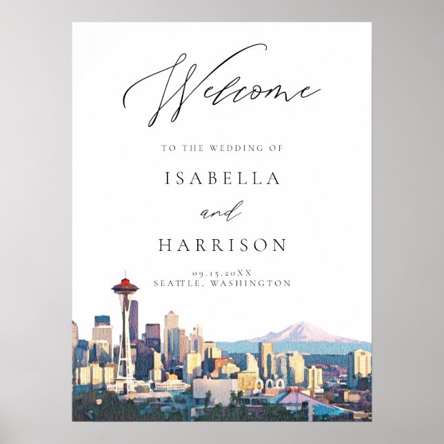 SEATTLE Watercolor Skyline Wedding Welcome Sign (Front)