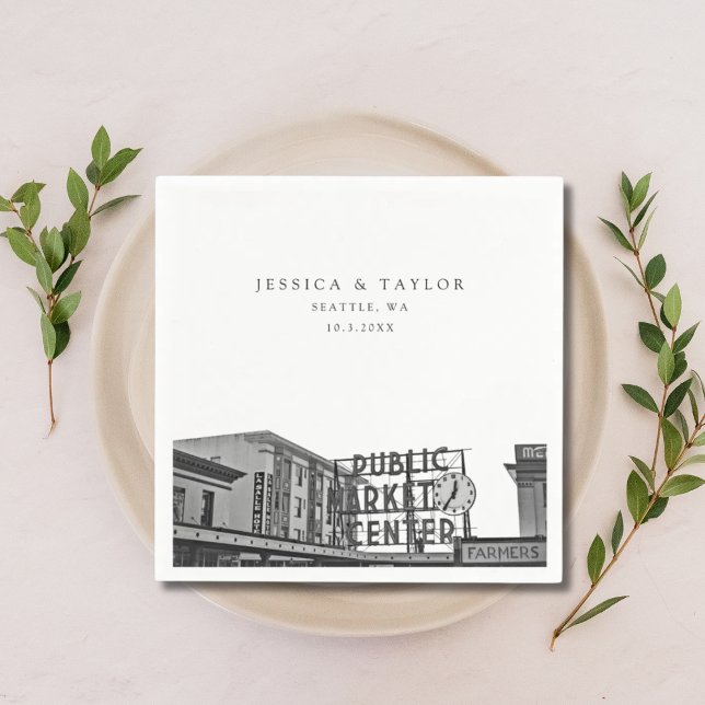 Seattle Wedding Custom Photo Cocktail Napkins (Pikes Place Wedding View Personalized Napkin)