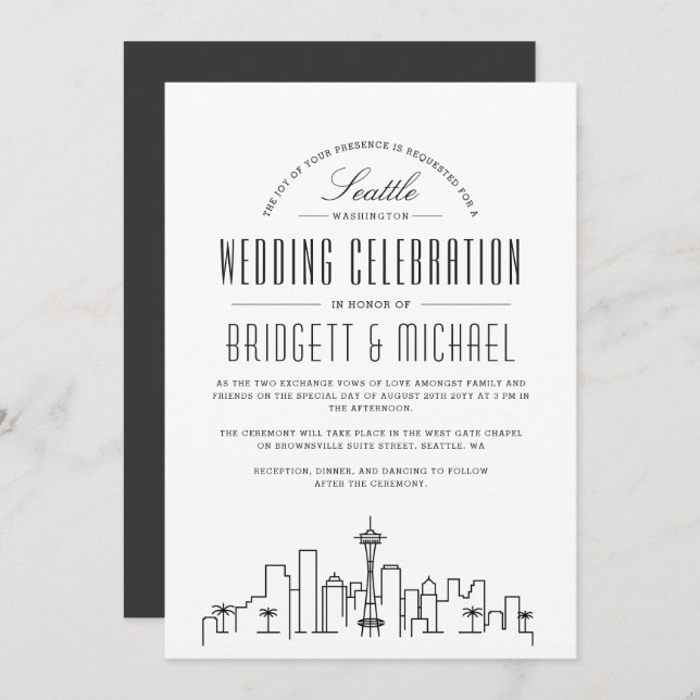 Seattle Wedding | Modern Deco Skyline Invitation (Front/Back)